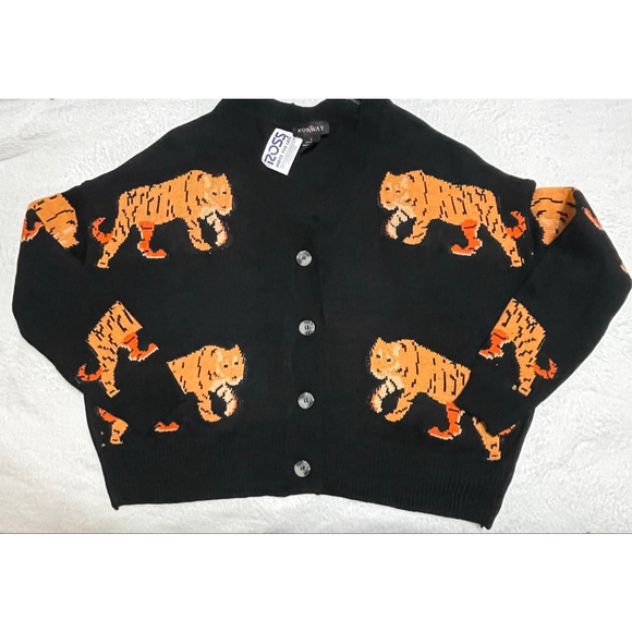 Runway Sweaters - Women's Runway Black & Orange Tiger Print Cardigan L